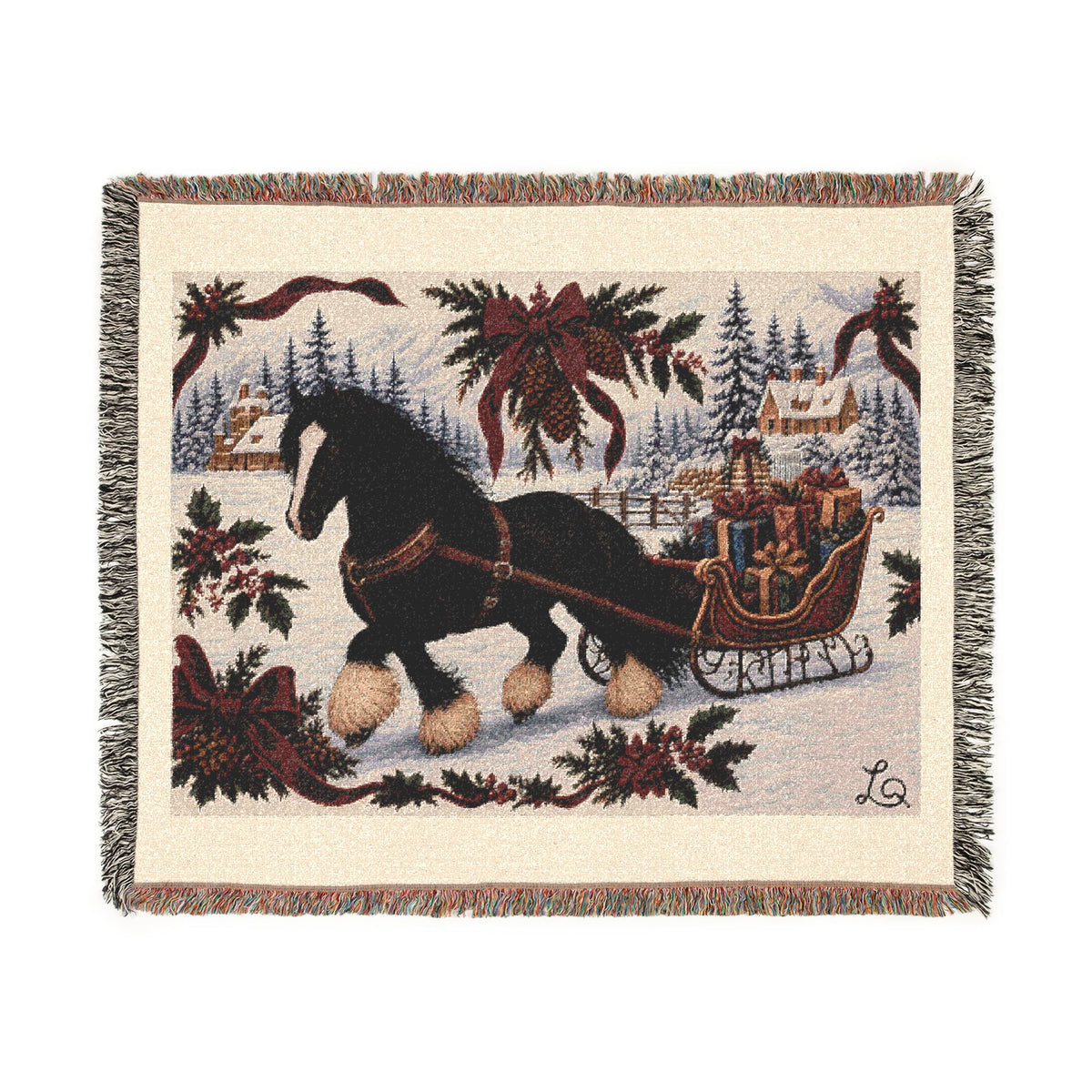 Over the River & Through the Woods blanket: black horse pulling a red sleigh through snowy woods