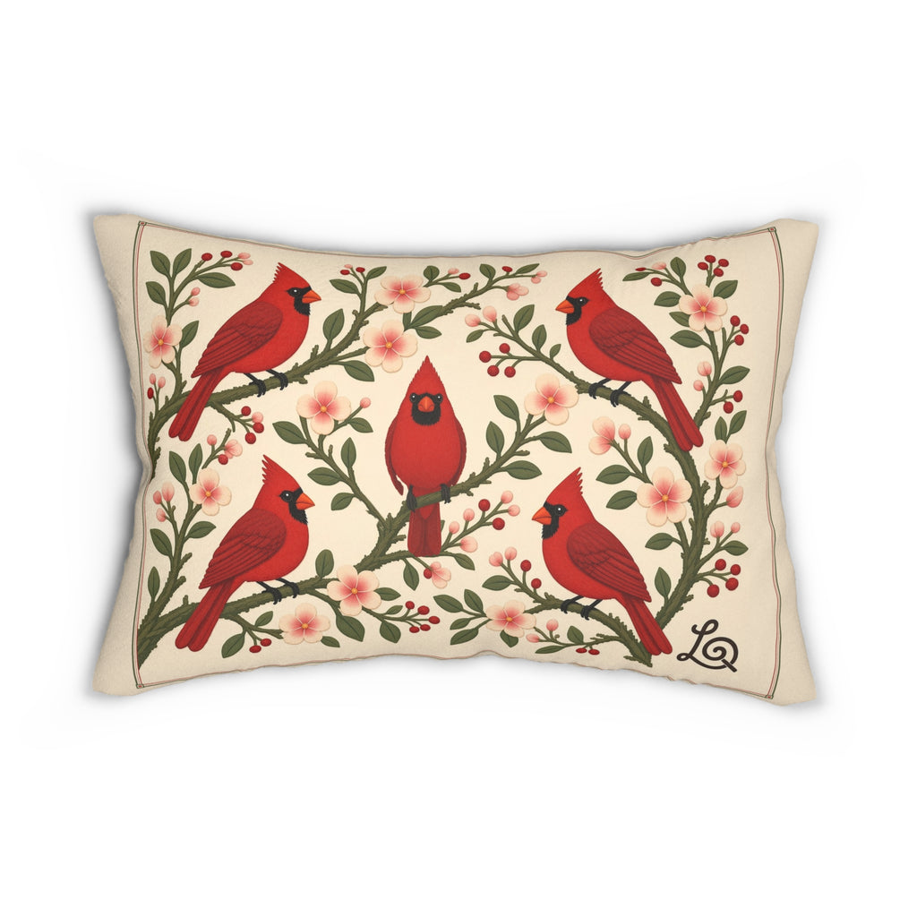 Winter Cardinals & Blossoms lumbar throw pillow: front design