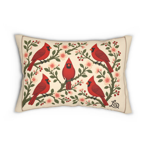 Winter Cardinals & Blossoms lumbar throw pillow: front design