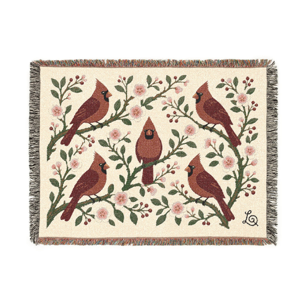 Winter Cardinals & Blossoms woven throw blanket, 80" × 60" front view with five red cardinals among winter blossoms and berries