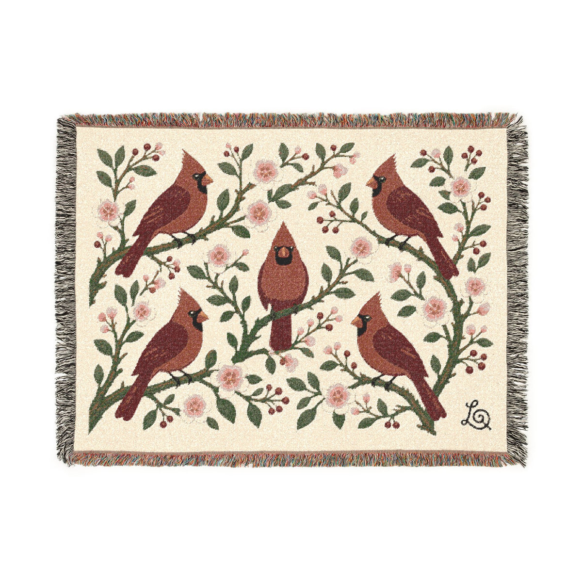 Winter Cardinals & Blossoms woven throw blanket, 80" × 60" front view with five red cardinals among winter blossoms and berries