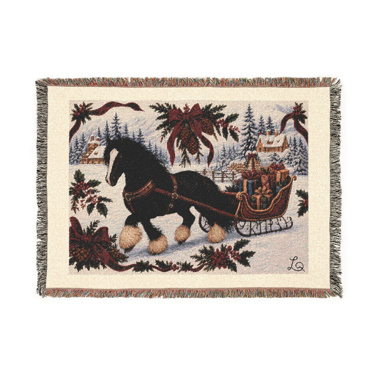 Over the River & Through the Woods blanket: black horse pulling a red sleigh through snowy woods