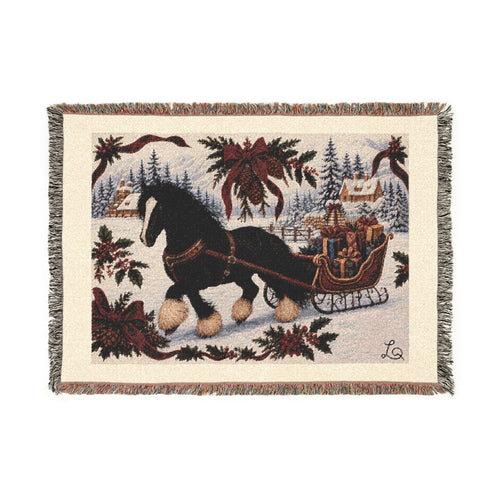 Over the River & Through the Woods blanket: black horse pulling a red sleigh of gifts through snowy pines, woven jacquard throw blanket, front view