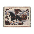 Over the River & Through the Woods blanket: black horse pulling a red sleigh of gifts through snowy pines, woven jacquard throw blanket, front view, 80 by 60 inch size