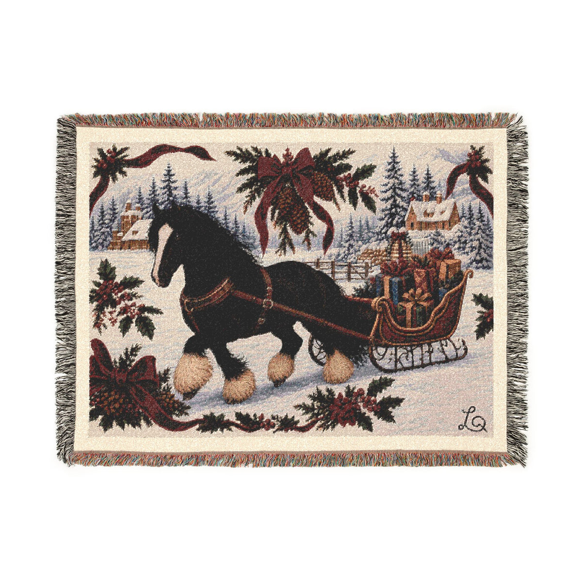 Over the River & Through the Woods blanket: black horse pulling a red sleigh of gifts through snowy pines, woven jacquard throw blanket, front view, 80 by 60 inch size