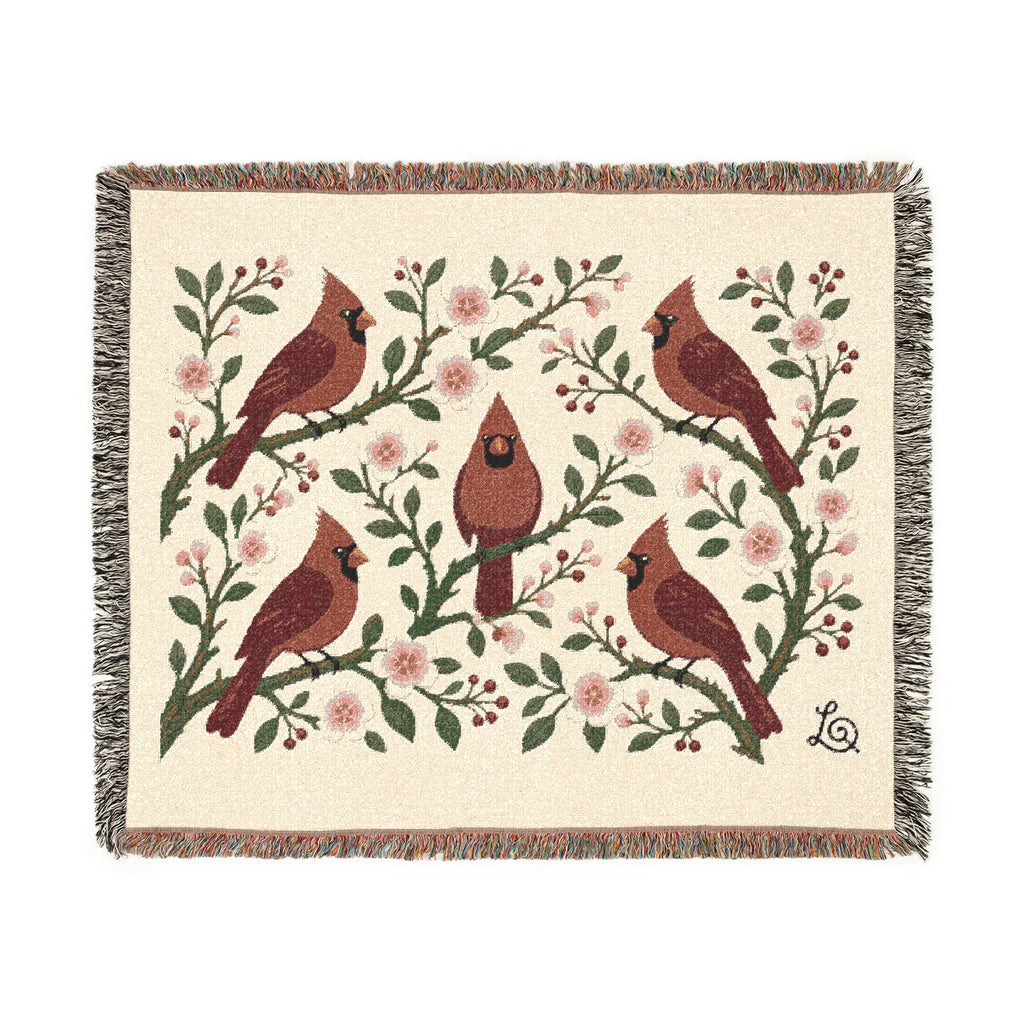 Winter Cardinals & Blossoms woven throw blanket, 60" × 50" front view with five red cardinals among winter blossoms and berries