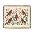 Winter Cardinals & Blossoms woven throw blanket, 60" × 50" front view with five red cardinals among winter blossoms and berries