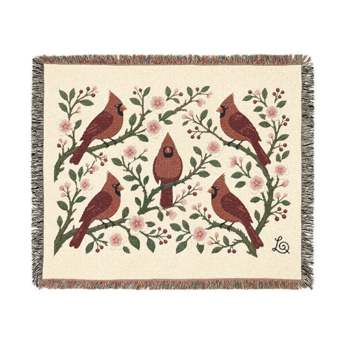 &ldquo;Winter Cardinals & Blossoms&rdquo; 100% Cotton Woven Jacquard Throw Blanket full tapestry flat lay with 2-inch fringe