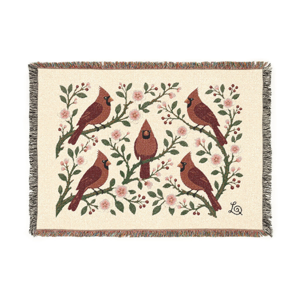 Winter Cardinals & Blossoms woven throw blanket, 52" × 37" front view with five red cardinals among winter blossoms and berries