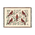 Winter Cardinals & Blossoms woven throw blanket, 52" × 37" front view with five red cardinals among winter blossoms and berries
