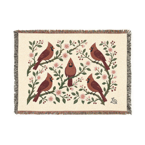 Winter Cardinals & Blossoms woven throw blanket, 52" × 37" front view with five red cardinals among winter blossoms and berries