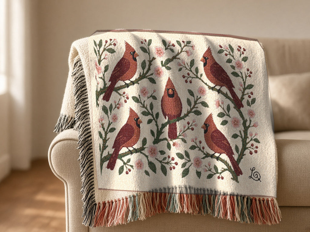Winter Cardinals & Blossoms woven throw blanket draped over a sofa arm
