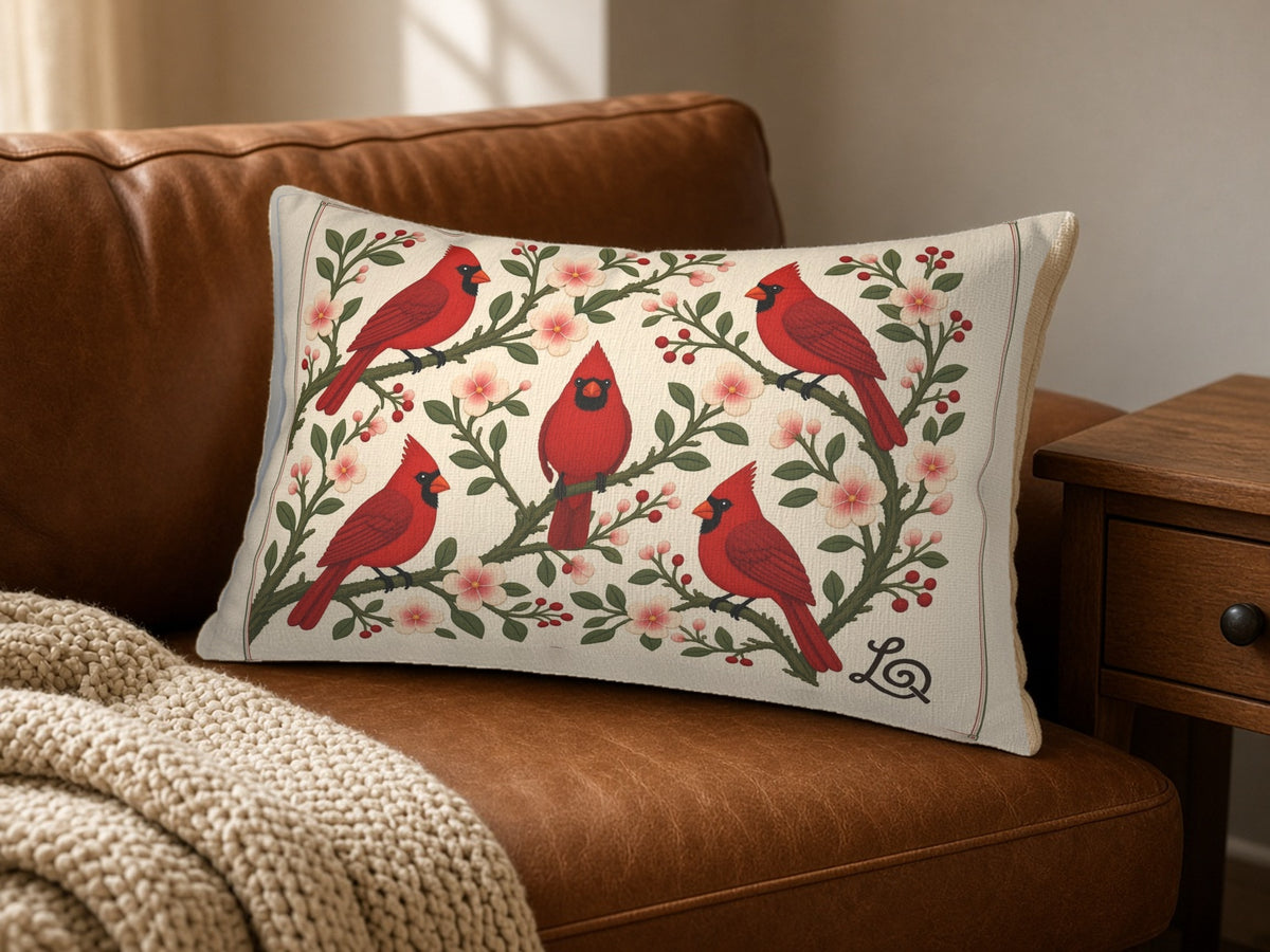 Winter Cardinals & Blossoms lumbar pillow on a leather sofa
