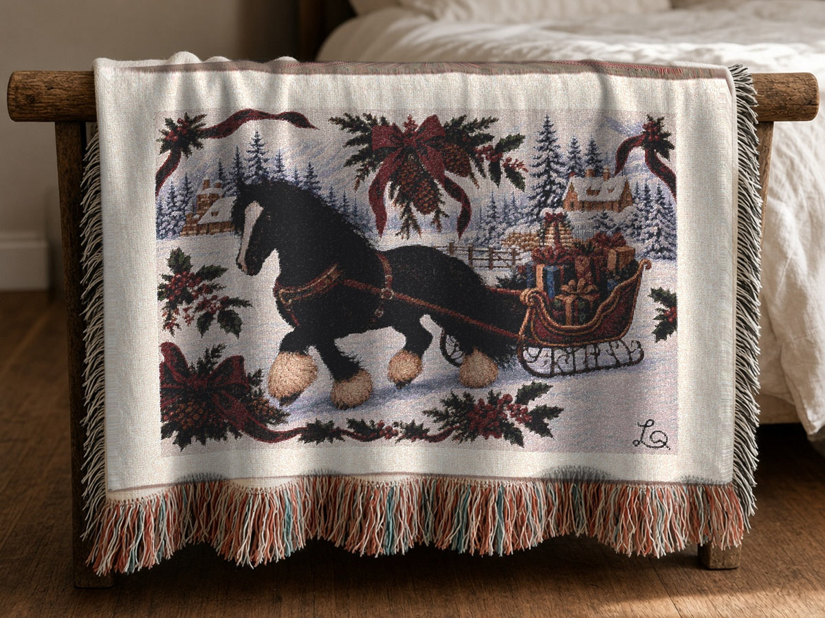 Over the River & Through the Woods woven throw blanket draped over a bedroom rack
